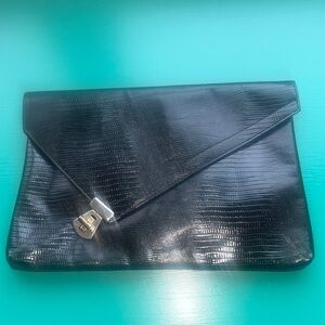 Vintage Asymmetric Clutch Purse hidden 28 inch thin strap. Embossed faux croc.